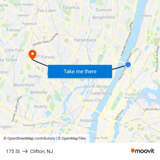 175 St to Clifton, NJ map