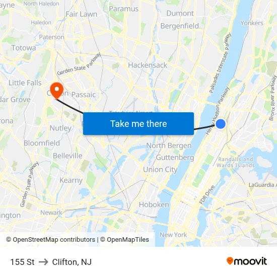 155 St to Clifton, NJ map