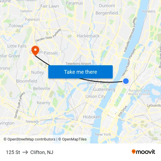 125 St to Clifton, NJ map