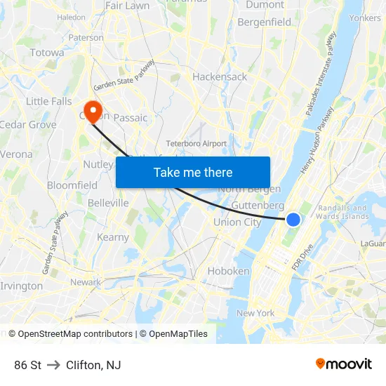 86 St to Clifton, NJ map