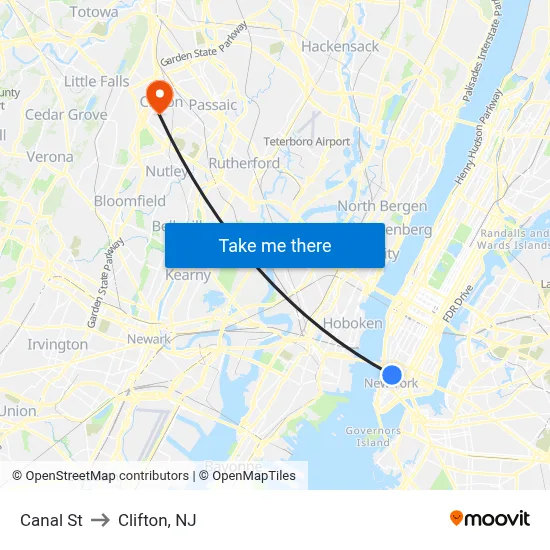 Canal St to Clifton, NJ map