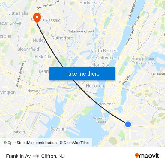 Franklin Av to Clifton, NJ map