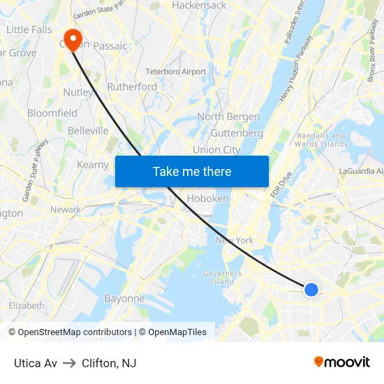 Utica Av to Clifton, NJ map