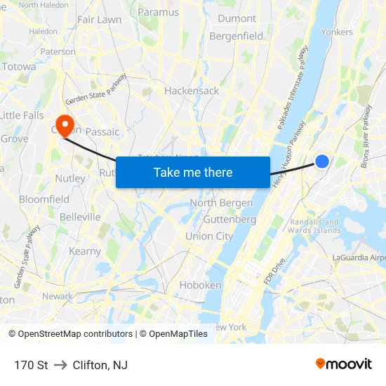 170 St to Clifton, NJ map