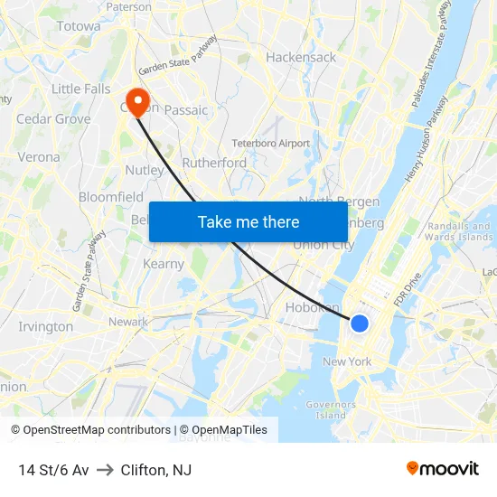 14 St/6 Av to Clifton, NJ map