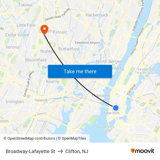 Broadway-Lafayette St to Clifton, NJ map