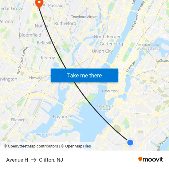 Avenue H to Clifton, NJ map