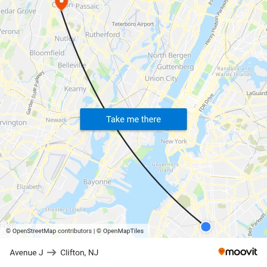 Avenue J to Clifton, NJ map