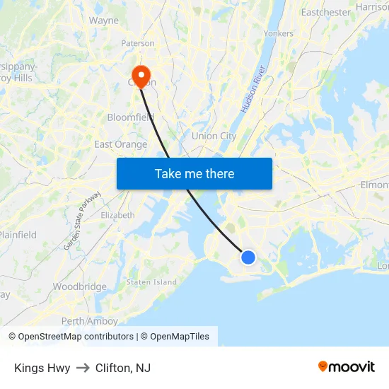 Kings Hwy to Clifton, NJ map