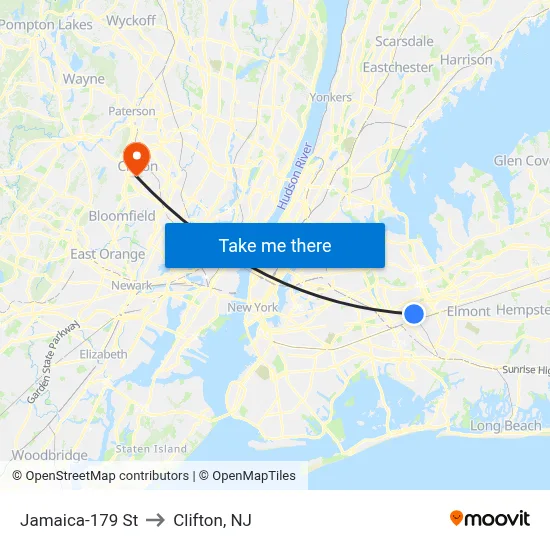 Jamaica-179 St to Clifton, NJ map
