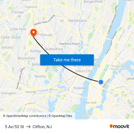5 Av/53 St to Clifton, NJ map