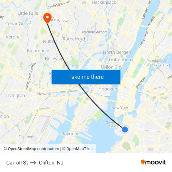 Carroll St to Clifton, NJ map