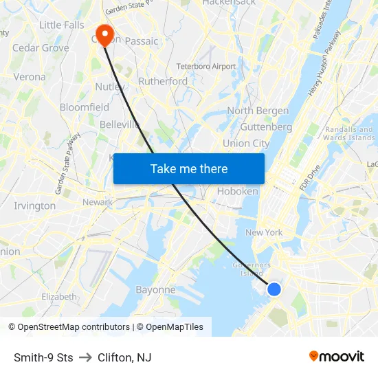 Smith-9 Sts to Clifton, NJ map