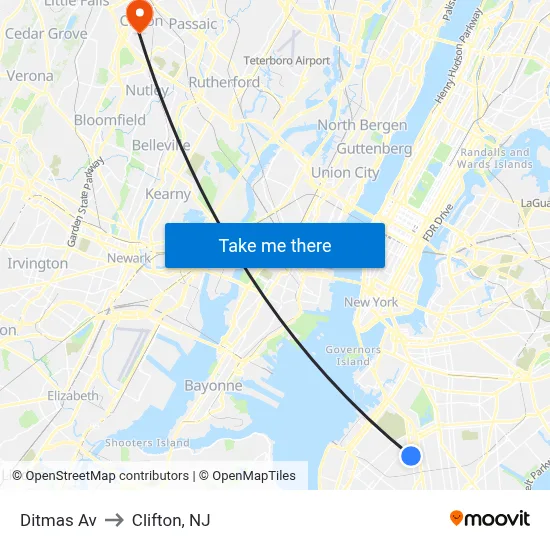Ditmas Av to Clifton, NJ map