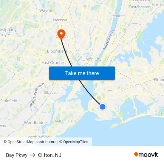 Bay Pkwy to Clifton, NJ map