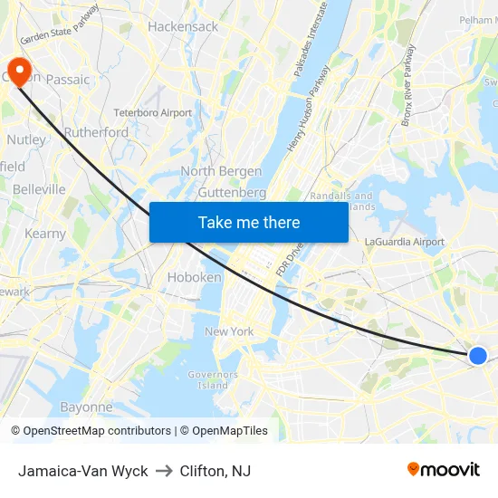 Jamaica-Van Wyck to Clifton, NJ map