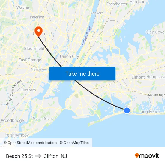 Beach 25 St to Clifton, NJ map