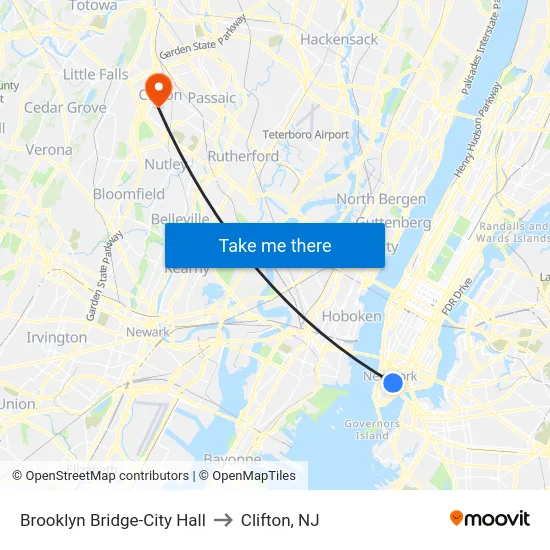 Brooklyn Bridge-City Hall to Clifton, NJ map