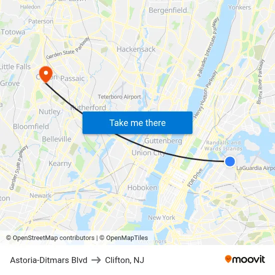 Astoria-Ditmars Blvd to Clifton, NJ map