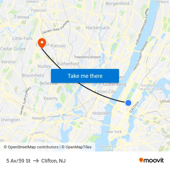 5 Av/59 St to Clifton, NJ map