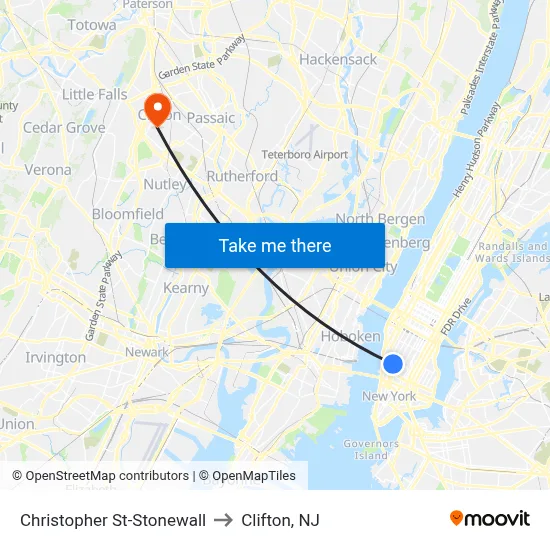 Christopher St-Stonewall to Clifton, NJ map