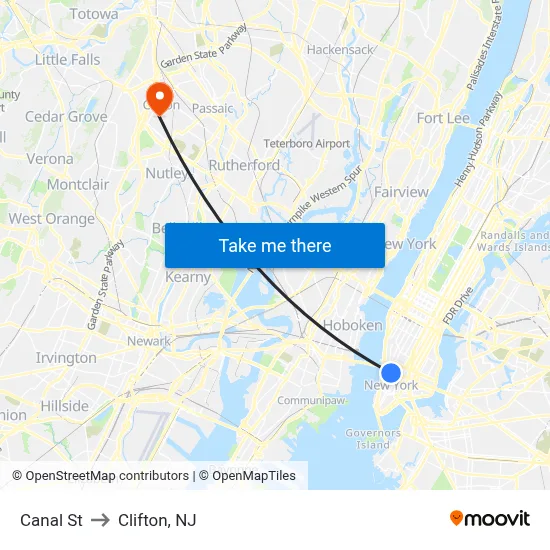 Canal St to Clifton, NJ map