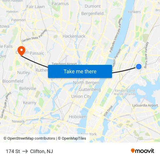 174 St to Clifton, NJ map