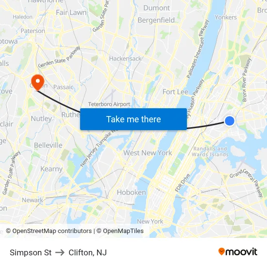 Simpson St to Clifton, NJ map