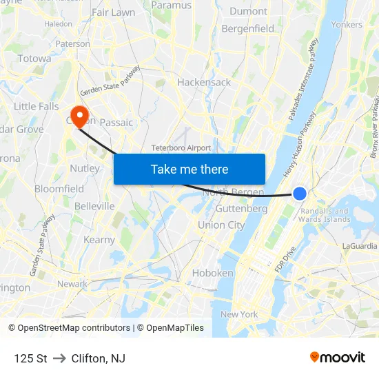125 St to Clifton, NJ map