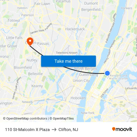 110 St-Malcolm X Plaza to Clifton, NJ map