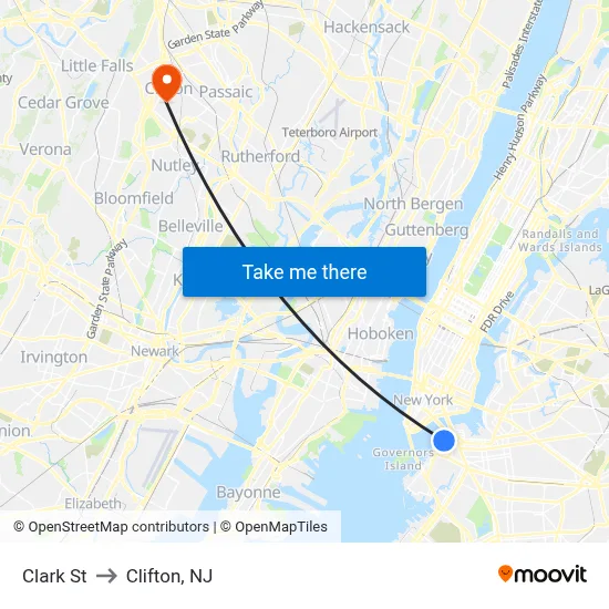 Clark St to Clifton, NJ map