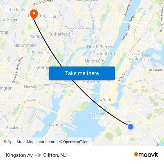 Kingston Av to Clifton, NJ map