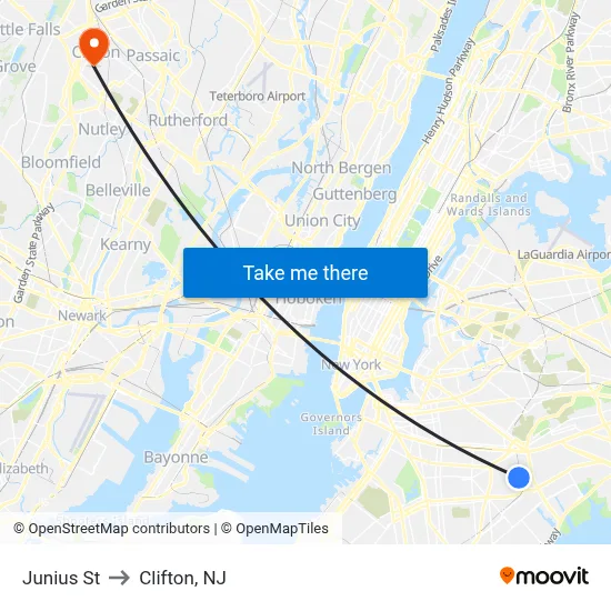 Junius St to Clifton, NJ map