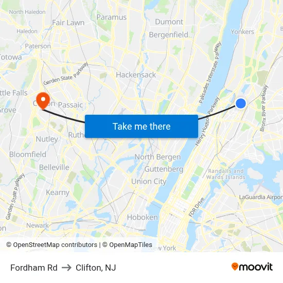 Fordham Rd to Clifton, NJ map