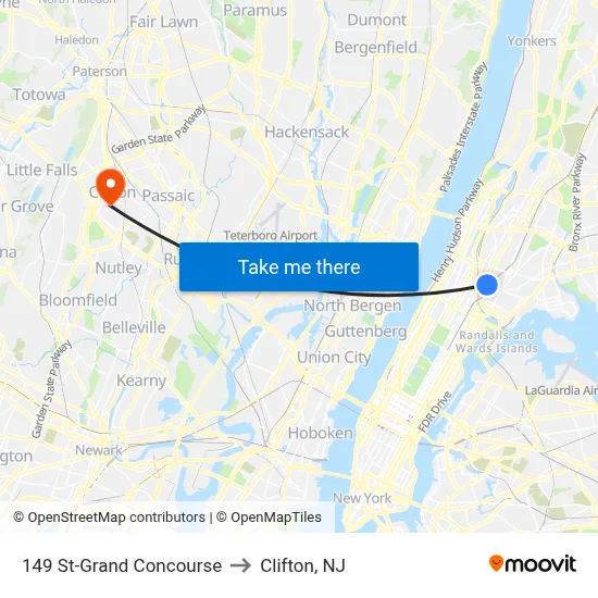 149 St-Grand Concourse to Clifton, NJ map