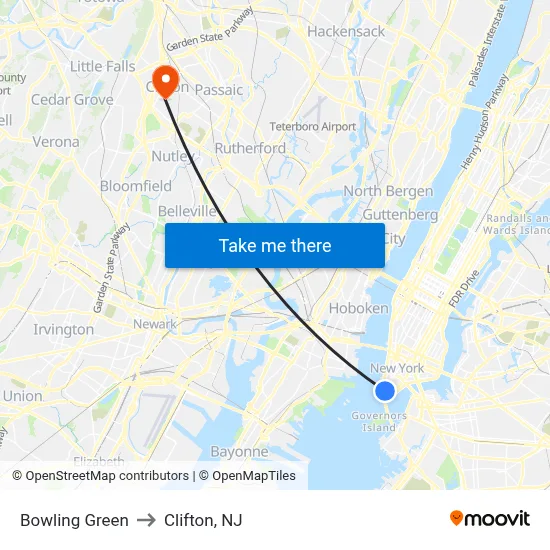 Bowling Green to Clifton, NJ map