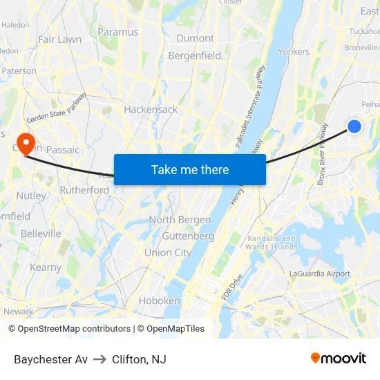 Baychester Av to Clifton, NJ map