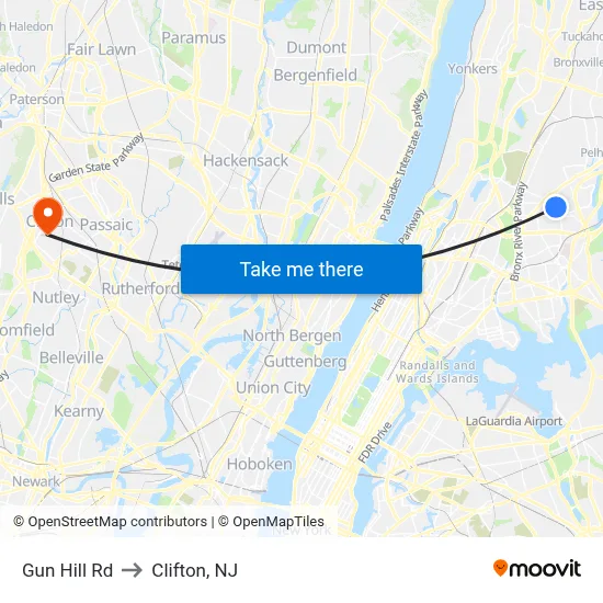 Gun Hill Rd to Clifton, NJ map