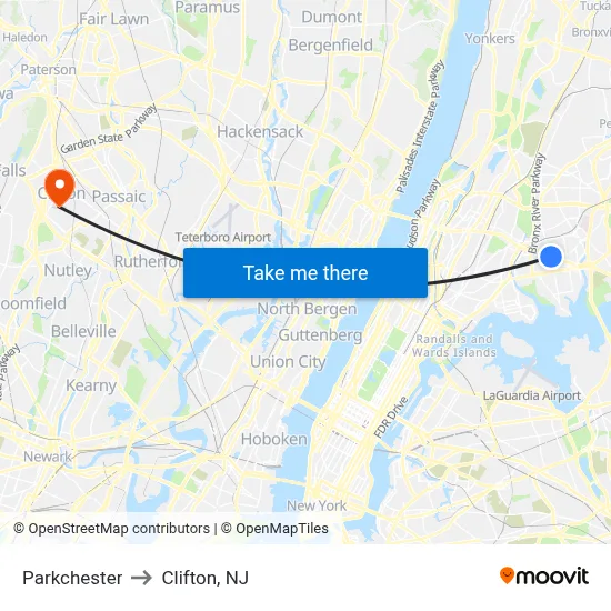 Parkchester to Clifton, NJ map