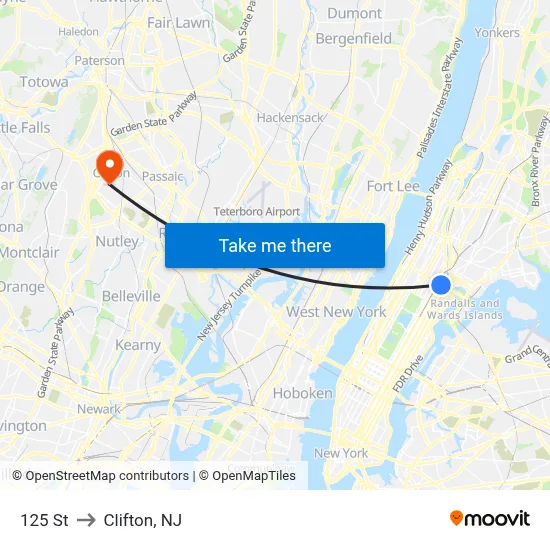 125 St to Clifton, NJ map