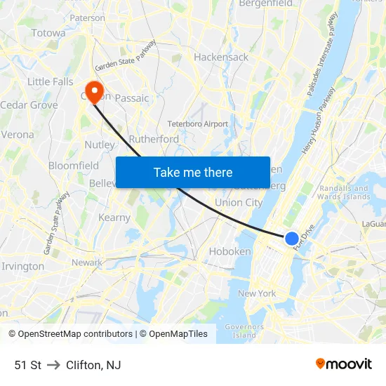 51 St to Clifton, NJ map