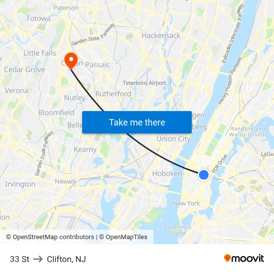 33 St to Clifton, NJ map