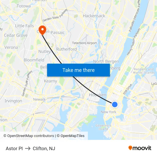 Astor Pl to Clifton, NJ map