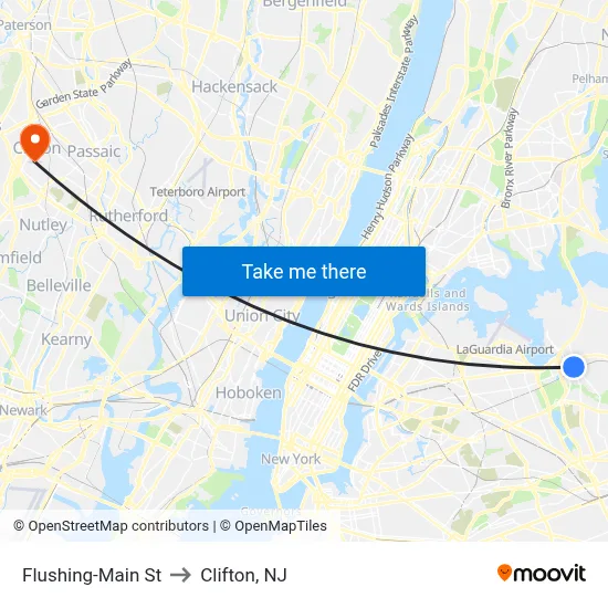 Flushing-Main St to Clifton, NJ map