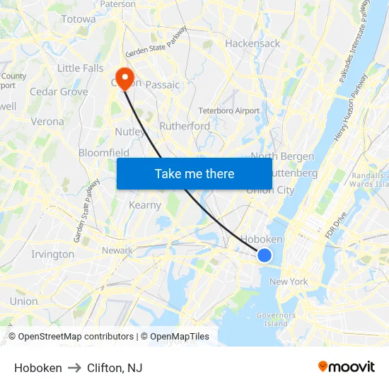 Hoboken to Clifton, NJ map