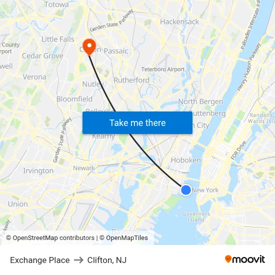 Exchange Place to Clifton, NJ map