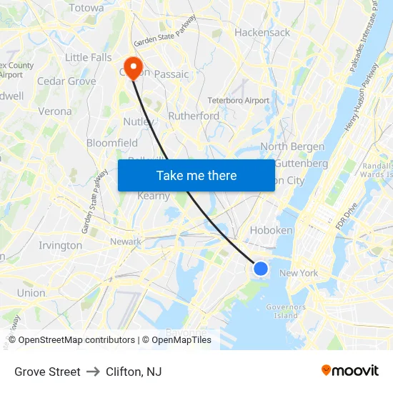 Grove Street to Clifton, NJ map