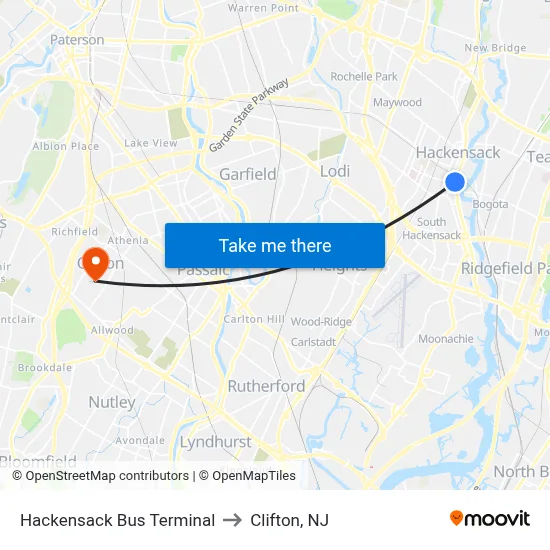 Hackensack Bus Terminal to Clifton, NJ map