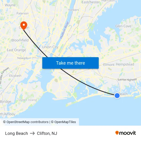 Long Beach to Clifton, NJ map