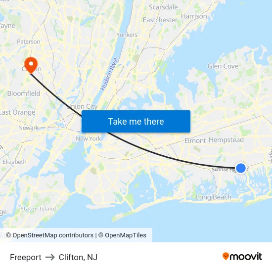 Freeport to Clifton, NJ map
